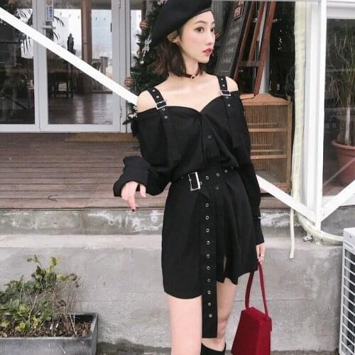 Lady Gothic Dress Shirt Strap Off Shoulder Punk Retro V Neck Buckle Harajuku New