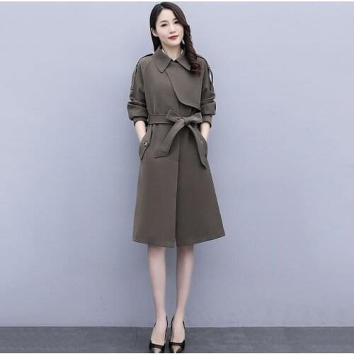 2021 Autumn New Women Aoat Simple Fashion Casual Temperament Lapel Cloth Belt Waist Middle Length Windbreaker Coat Female