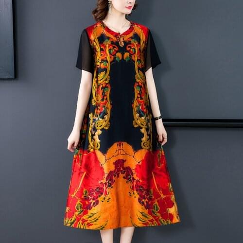 Summer Vintage Loose Print Mulberry Silk Beach Midi Dress 2021 Korea 4XL Plus Size Floral Sundress Elegant Bodycon Party Vestido