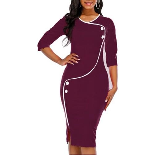 MISSJOY 2019 New Women Vintage 3/4 Sleeve Autumn Knee Length vestidos solid color Work O-Neck Button Sexy Bodycon Party dresses