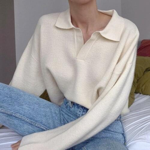 Basic Sweater with Collar High V Neck Warm Pullover Casual Autumn Winter Womens Sweaters Vintage Beige Knitted Sweater Women