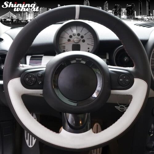 Shining wheat Hand-stitched Black White Leather Car Steering Wheel Cover for Mini Coupe