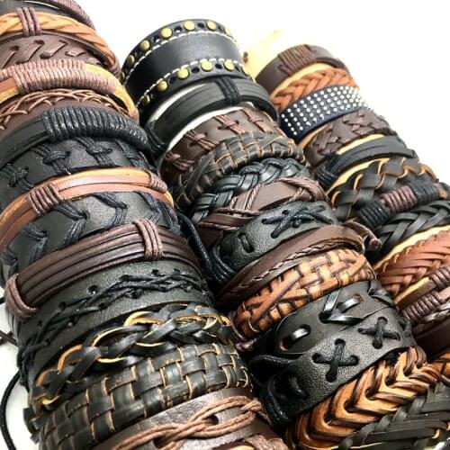 MixMax 10 Pieces Mens Womens Cuff Bracelets Genuine Leather Handmade Fashion Jewelry Party Favor Wholesale Lot Resizable