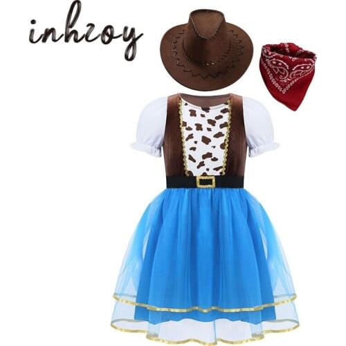 Kids Cowgirl Costume Short Puff Sleeve Printed Tutu Dress with Felt Drawstring Hat Bandanna Girls Halloween Cosplay Party Outfit