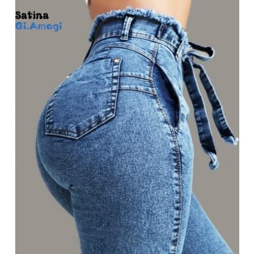 Vintage Streetwear High Waist Jeans for Women Slim Stretch Denim Jean Bodycon Tassel Belt Bandage Skinny Push Up Jeans Woman