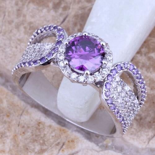 Exquisite Purple Cubic Zirconia White CZ Silver Plated Ring Size 6 / 7 / 8 / 9 E443