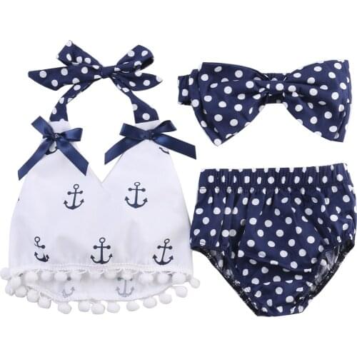 Toddler Newborn Baby Girls Clothes Anchors Bow Tops Polka Dot Briefs Head Band 3pcs Outfits Set Baby Summer Clothing 0-24M