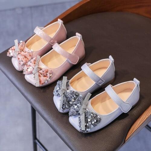 Girls Leather Shoes 2021 Autumn New Fashion Square-toe Non-slip Childrens Soft-soled Princess Flats Sweet Bow-knot Sequined Hot