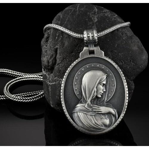 Christian Mary Sacred Heart Pendant Necklace Mens Retro Catholic Religious Tag Chain Necklaces for women