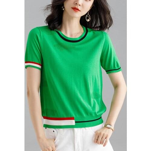 LJSXLS 2021 Summer O-Neck Soft Patchwork Knitted Sweater Women Short Sleeve Thin Pullovers Korean Tops Hollow Out White Jumper