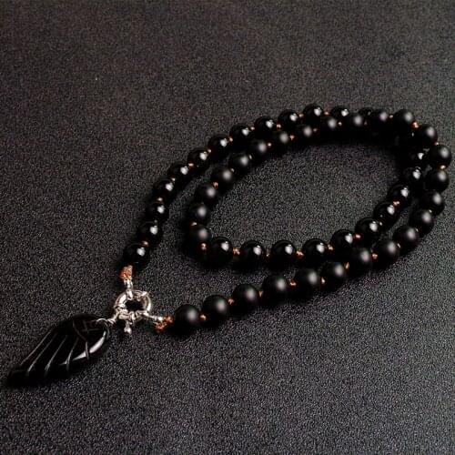 Fashion Black 8mm natural stone beads & black agate Wing pendant Choker Necklace