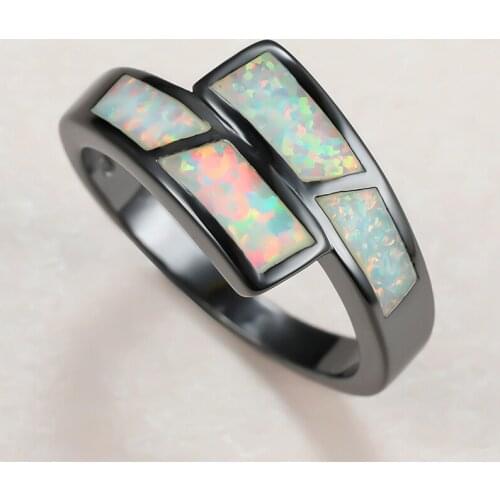 Punk Male Female White Opal Stone Rings Charm Black Gold Wedding Rings For Women Vintage Bride Geometry Thin Engagement Ring