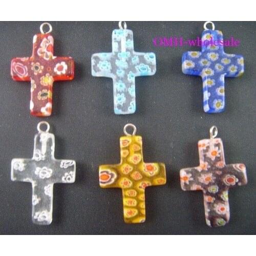 OMH wholesale 2PCS mixed 18x28mm mixed millefiori glass cross charm pendants Free Shipping ZL97