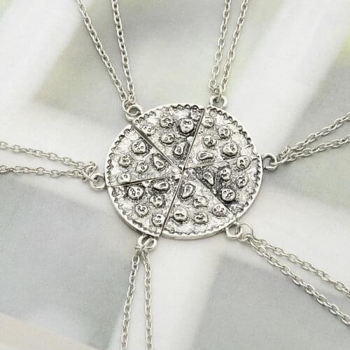 6PC/Set Pizza Shape With Margin Silver Plated Pendant Necklace Sister Sis Friends BFF Friendship Party Gift Girls Jewelry Collar