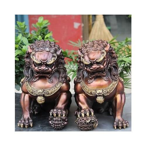 A Pair Medicine old 12" Chinese Gilt Guardian Foo Fu Dog Hold Ball Door Lion Kid Statue 2pcs Garden Decoration