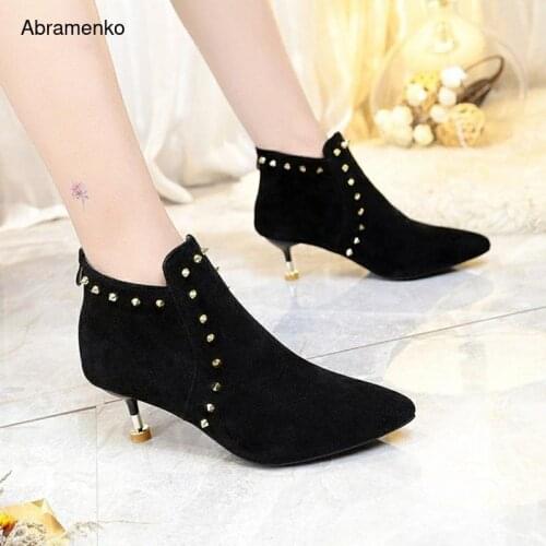 Sexy Rivet Gladiator Ankle Boots Women Pumps Pointed Toe Party Thin High Heels Lady Suede Booties Black Leather Shoes Size 35-39