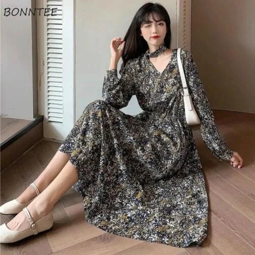 Long Sleeve Dress Elegant V-neck A-line New French Retro High Waist Printed Vintage Trendy Popular Autumn Harajuku Daily Ins Hot