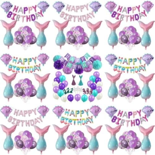 Mermaid Birthday Party Supplies Banner Balloon Cake Toppers Decoration Kids Baby Shower Girl Wedding Anniversary