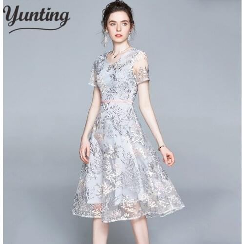 Sexy V-Neck Embroidery Party Dresses Hot Short Sleeve Mid-Length Dress Summer New WomenS Clothing