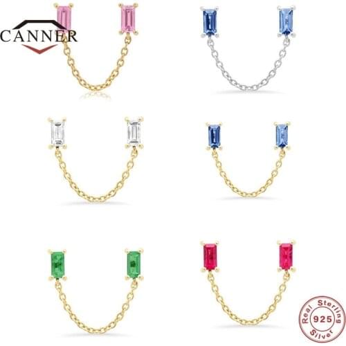 CANNER 1PC 100% 925 Sterling Silver Two Zircons Long Chain Stud Earrings For Women Earings Piercing Earring Jewelry Pendientes