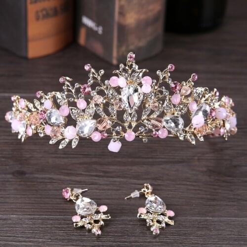 Good Quality Pink Crystal Bridal Crown Earring Sets Princess Headband Wedding Hair Accessories Jewelry Romantic Bride Hairbands