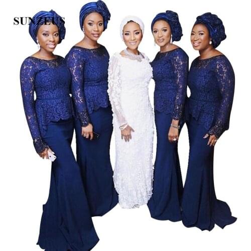 Navy Blue Lace Bridesmaids Dress With Long Sleeves Mermaid Women Party Gowns For Wedding Elegant African Formal Dress Long