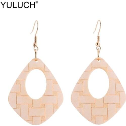 YULUCH Pop Women Hollow Natural Wooden Printed Printing Bamboo Drop Earrings Ethnic African Long Jewelry Accessories Party Gifts