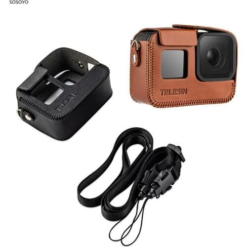Leather Case Frame Protective Cover PU Storage Bag with Adjustable Lanyard For Gopro Hero 8 Black Action Camera Accessories