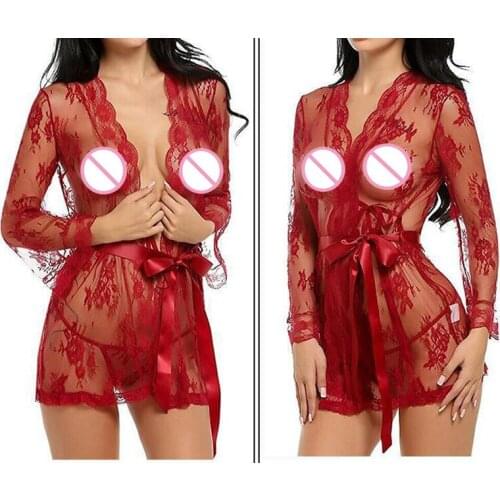 Fashion Hot Sexy Womens Lace Nightgown Sexy Long Bathrobe Sexy European And American Erotic Lingerie Black White Red Pink
