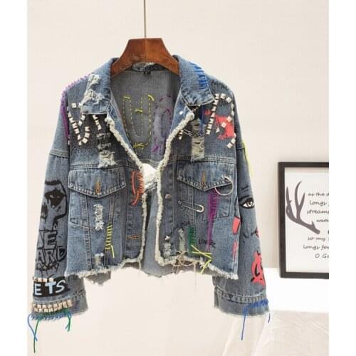 Womens autumn winter casual loose ripped letter print denim jacket female high waist rivet punk plus size jean jacket TB819