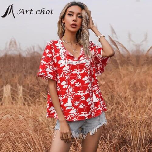 Women T-shirts Casual Red Print Tops Tee Summer Female T shirt Short Sleeve Tassels Ladies Clothing Bodycon Pullover Work Office