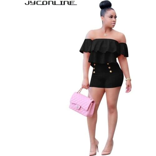 JYConline Plus Size Women Playsuits And Jumpsuit 2017 Two Pieces Set Women Ruffles Crop Top And Shorts Bodycon Bodysuit Overalls