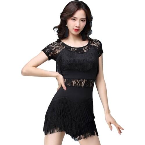 New Girls Adult Modern Ballroom Latin Dance Dress Tassel Fringe Salsa Tango Dance Wear Black Performance Stage Wear for Women