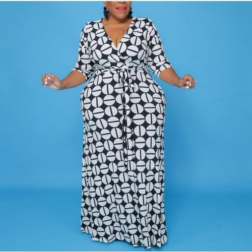 Plus Size Dresses for Women 4XL 5XL Geometric Print High Waisted Floor Length V Neck Fashion Elegant Evening Night Party Dress