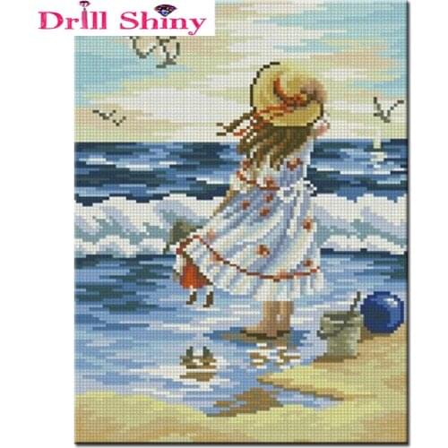 Diy square diamond mosaic painting full embroidery cross stitch cartoon landscape girl on the beach child room decoration gift