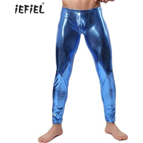 Fetish Mens Sexy Lingerie Wetlook Patent Leather Pole Dance Exotic Latex Pants Leggings Bulge Pouch Long Pants Trousers Clubwear