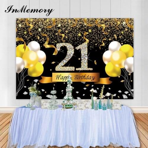 Inmemory Black Gold Glitter Theme Adult Backdrop Balloons Ribbon Diamonds Girl Lady Birthday Party Photography Background Custom