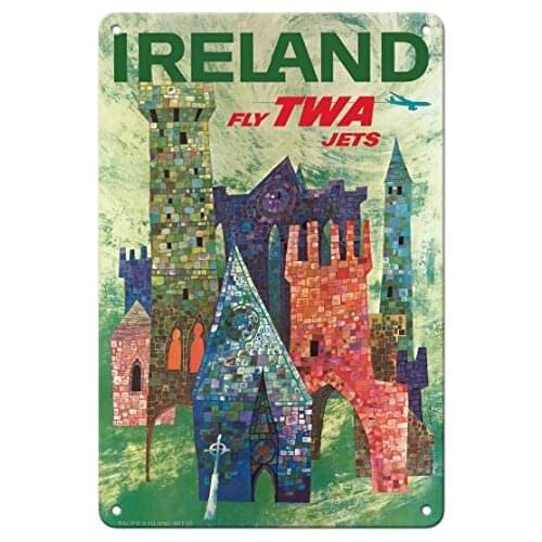 Ireland - Fly TWA Jets - Trans World Airlines - Boeing 707 Over Irish Colorful Castles - Metal Tin Sign