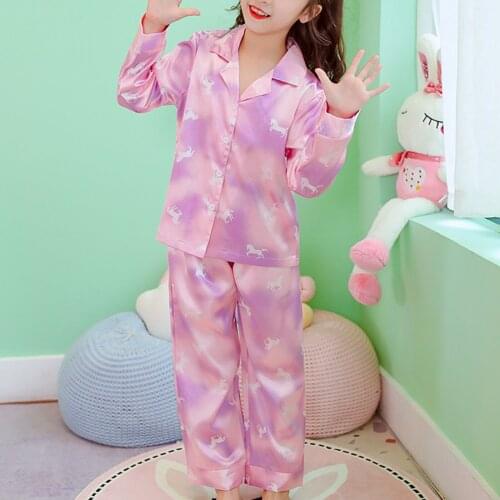 Girls Satin Pajamas For Kids Tie-dye Sleepwear Pyjamas Outfits Long Sleeve Cute Printed Tops + Pants 2Pcs Children Clothing Sets