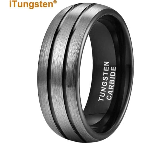 6mm and 8mm new black tungsten wedding ring with domed, grooved and brushed finish