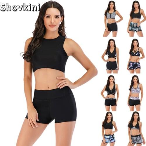 High Waist Two Piece Bikini Set With Shorts Swimsuit Women 2021 Print Sport Swim Gym Push Up Swimwear Bathing Suit Shorts XXL