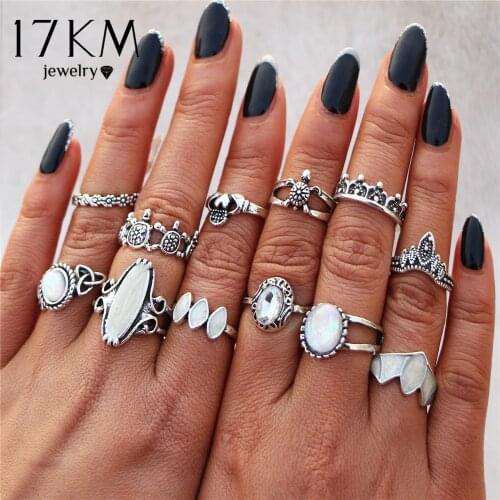 17KM Bohemia Tibetan Stone Opal Rings Set For Woman Fashion Bijoux Silver Color Flower Elephant Ring Retro Vintage Jewelry