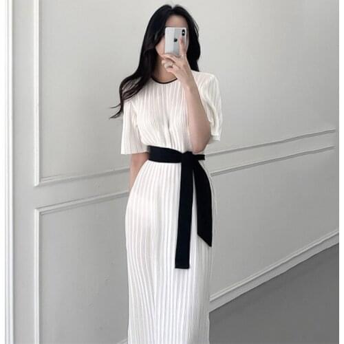 #0912 Summer White Pleated Dress Women Short Sleeves Casual Midi Dress Ladies O Neck Loose Lace Up Waist Retro Dress Female