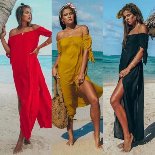 Summer Beach Off Shoulder Split Maxi Dress Women Swimwear Cover Up Kaftan Dress Swimsuit Beachwear