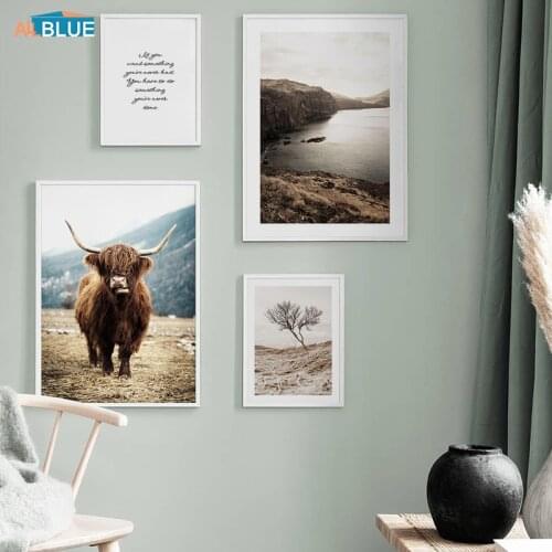 Wall Art Mountain Landscape Canvas Poster Nordic Highland Cattle Print Painting Scandinavian Decoration Wall Picture Home Decor