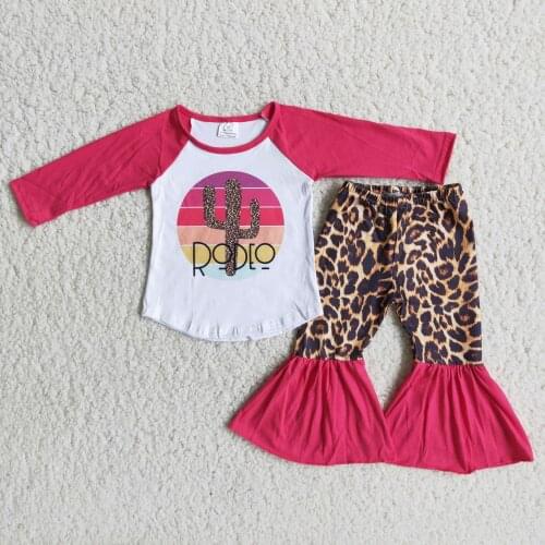 Baby GirlS clothes Long Sleeve Hot Pinl Raglan with Cactus Pattern Leopard Bell Bottom Pants Set