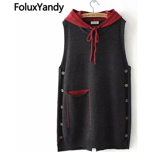 Casual Hooded Knitted Vests Women Spring Autumn Outerwear Pockets Loose Plus Size Sleeveless Vest KKFY3195