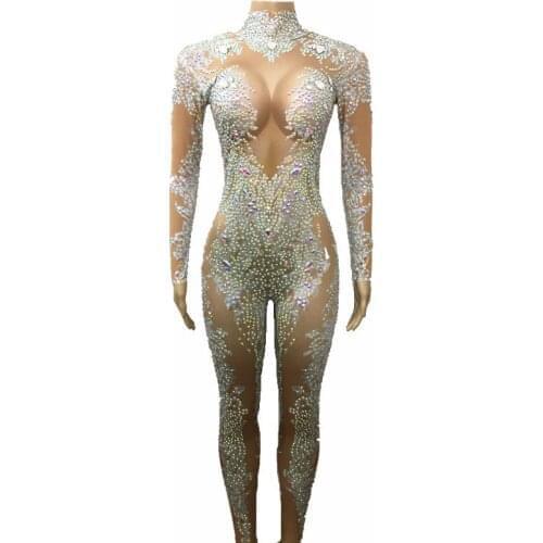 Xmas Rhinestones Sparkly Jumpsuit Fashion Sexy Nude Big Stretch Dance Costume One-piece Bodysuit Birthday Outfit Party Leggings