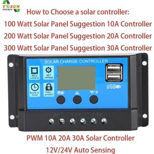 PWM Solar Charge Controller 30A 20A 12V 24V Auto Solar Battery Charger Solar PV Regulators With LCD Display Dual 5V USB Output