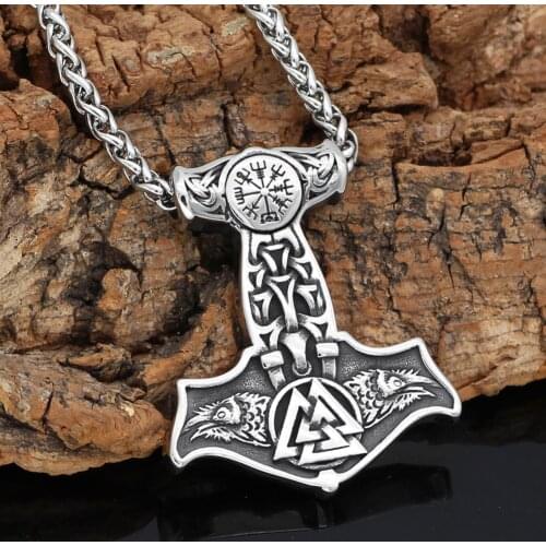 Nordic viking stainless steel thor hammer Mjolnir odin raven valknut vegvisir pendant necklace with valknut gift bag